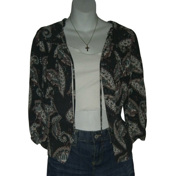 Ann Taylor Loft Blouse Button Down Paisley Peasant Boho Whimsygoth Cottage Tie P - Picture 2 of 9